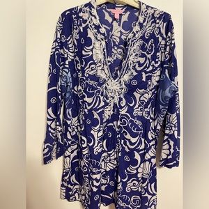 Lilly, Pulitzer, blue and white beaded tunic blouse